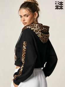 mulinsen Women's Leopard Print Patchwork Short Sweatshirt Sweatshirt, Drawstring Drop Shoulder Sports Sweatshirt, Suitable For Daily Streetwear Style - Black - View 3