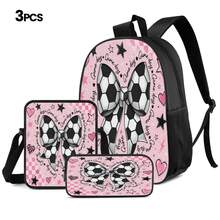 Pink & White Football Bow 2D Print 3 Pieces Backpack Set, Large Capacity Backpack With Crossbody Bag And Pencil Case, Side Elastic Mesh Pocket For Water Bottle, Wide Breathable Adjustable Shoulder Straps, Sweet & Cool Sporty Style For Daily Commute, Travel And Casual Storage - Printed Bag - View 12