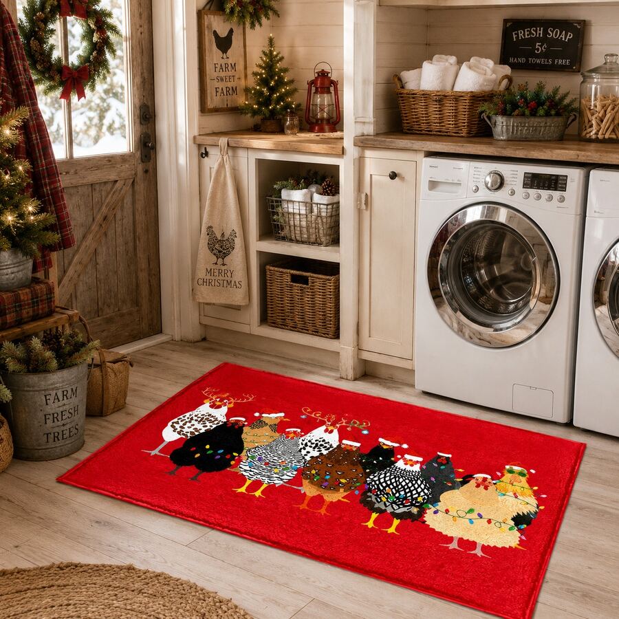 1pc Christmas Rooster Pattern Printed Faux Cashmere Kitchen Mat, Christmas, Can Be Used As Christmas Gift, Christmas Decoration, Absorbent Kitchen Floor Mat, Kitchen Rug, Long Runner, Sink Front Mat, Suitable For Kitchen, Bathroom, Entryway, Hallway, Laundry Room And Home Decor - Multicolor - View 1