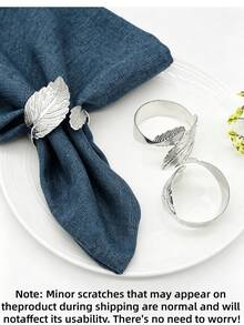 4-12pcs Leaf-Shaped Silver & Gold Napkin Rings, Shiny Metal Napkin Rings Table Decor, Fashionable Autumn Napkin Rings Bulk, Suitable For Halloween, Christmas, Easter, Wedding, Party, Elegant Table Setting Gift Idea - Silver - View 11