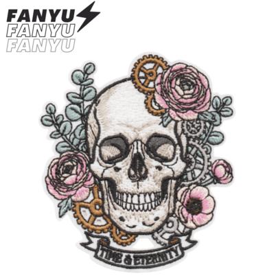 1 pieza Parche bordado con diseño de calavera & flor TIME&ETERMTY estilo hippie punk rock anime dibujos animados aventura ciclista divertido y genial, accesorio DIY para ropa, aplique de tela para coser o pegar con plancha, parche decorativo para ropa, pantalones, chaqueta acolchada, insignia de pecho, zapatos, sombrero, bolsa, parche de reparación