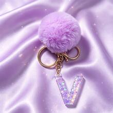 1pc Cute A-Z Letter Sequin Epoxy Keychain With Purple Fur Ball Pendant, Wallet Car Key Chain, Fashion Bag Charm, Gift For Best Friends - Lilac Purple - View 32