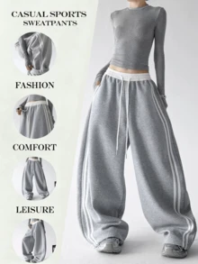 Women's Fashion New Contrast Color Design Side Stripe Drawstring Pocket Wide Leg Sweatpants, Loose Casual Straight Leg Pants For Daily Wear, Dance, Running, All Seasons - Light Grey - View 5