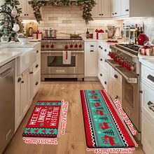 1/2/3pcs Christmas Theme Kitchen Rug, Flannel Kitchen Mat With Red And Green Reindeer And Spruce Pattern, Soft Comfortable Absorbent Non-Slip Machine Washable With Non-Slip Backing, Suitable For Entryway, Living Room, Bedroom, Kitchen, Dining Room, Bathroom, Laundry Room, Hallway, Patio, Multi-Functional Home Holiday Decor Mat - Multicolor - View 11