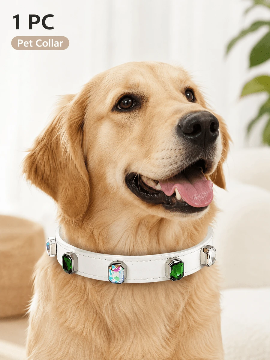 1pc Leather Pet Collar, Luxury Emerald & AB Rhinestone Cat Dog Collar, Adjustable Buckle Shiny Neck Collar, Suitable For Small And Medium Pets Party Photo Decoration - Multicolor - View 1
