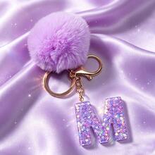 1pc Cute A-Z Letter Sequin Epoxy Keychain With Purple Fur Ball Pendant, Wallet Car Key Chain, Fashion Bag Charm, Gift For Best Friends - Lilac Purple - View 8