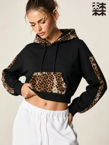 mulinsen Women's Leopard Print Patchwork Short Sweatshirt Sweatshirt, Drawstring Drop Shoulder Sports Sweatshirt, Suitable For Daily Streetwear Style - Black - View 1