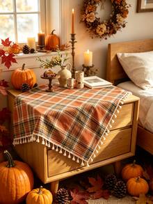 1‑Piece Vintage Blue‑Orange Tartan Plaid Tablecloth, Cozy Rustic Polyester Table Cover With Tassel Edge, Stylish Table Topper To Boost Halloween Fall Atmosphere, For Kitchen Dining Table $ Coffee Halloween Holiday Party Indoor Home Decoration - Tassel Trim - View 4