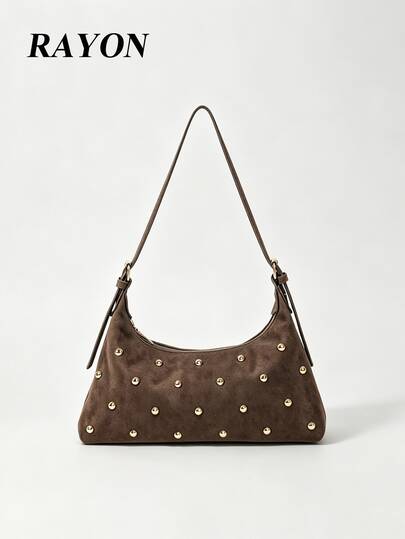 1pc Brown Textured Velvet Crescent Bag With Rivet Embellishment, Baguette Underarm Shoulder Bag For Women, Suitable For Commuting, Dating And Shopping