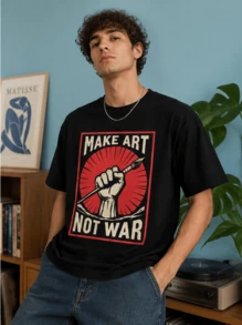 Men's Vintage Graphic T-Shirt, Retro Print Streetwear Tee, Local Warehouse Stock Make Art Not War / Unisex Casual T-Shirt / Short Sleeve Round Neck Te - Black - View 1