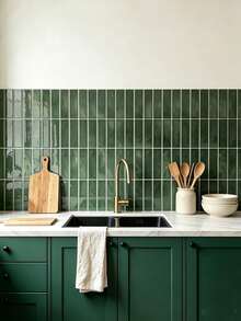 Self-Adhesive Backsplash Tile Stickers, Dark Green Marble Subway Tile Wall Decals, Glossy Waterproof Oil-Resistant Removable Mosaic Tile Stickers, 2D Textured Decorative Wall Stickers For Kitchen, Bathroom, RV, Laundry Room Wall Decor - Dark Green Large Size - View 1