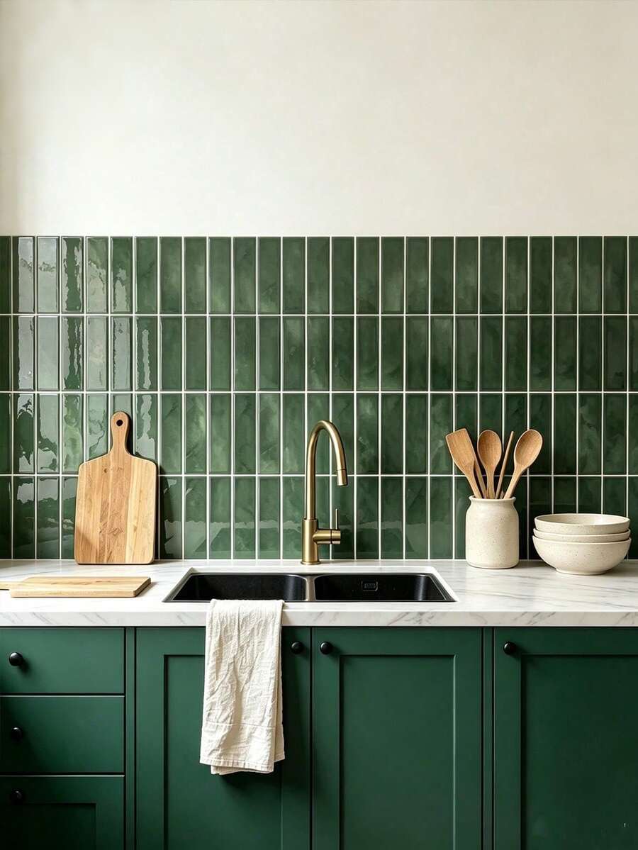 Self-Adhesive Backsplash Tile Stickers, Dark Green Marble Subway Tile Wall Decals, Glossy Waterproof Oil-Resistant Removable Mosaic Tile Stickers, 2D Textured Decorative Wall Stickers For Kitchen, Bathroom, RV, Laundry Room Wall Decor - Dark Green Large Size - View 1