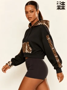 mulinsen Women's Leopard Print Patchwork Short Sweatshirt Sweatshirt, Drawstring Drop Shoulder Sports Sweatshirt, Suitable For Daily Streetwear Style - Black - View 9