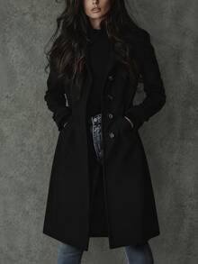 Notch Collar Single Breasted Faux Suede Mid‑Length Casual Warm Winter Trench Coat - Dark Brown - View 3