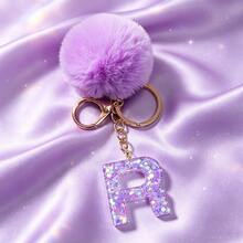 1pc Cute A-Z Letter Sequin Epoxy Keychain With Purple Fur Ball Pendant, Wallet Car Key Chain, Fashion Bag Charm, Gift For Best Friends - Lilac Purple - View 36