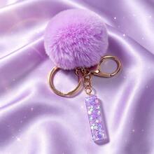 1pc Cute A-Z Letter Sequin Epoxy Keychain With Purple Fur Ball Pendant, Wallet Car Key Chain, Fashion Bag Charm, Gift For Best Friends - Lilac Purple - View 30