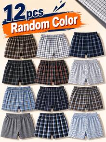 Random 12 PCS Men's Long Boxer Underwear, Loose Woven Shorts, Button Fly Design, Breathable Comfortable Home Lounge Shorts For Men - Multicolor - View 1
