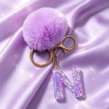 1pc Cute A-Z Letter Sequin Epoxy Keychain With Purple Fur Ball Pendant, Wallet Car Key Chain, Fashion Bag Charm, Gift For Best Friends - Lilac Purple - View 35