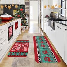 1/2/3pcs Christmas Theme Kitchen Rug, Flannel Kitchen Mat With Red And Green Reindeer And Spruce Pattern, Soft Comfortable Absorbent Non-Slip Machine Washable With Non-Slip Backing, Suitable For Entryway, Living Room, Bedroom, Kitchen, Dining Room, Bathroom, Laundry Room, Hallway, Patio, Multi-Functional Home Holiday Decor Mat - Multicolor - View 2