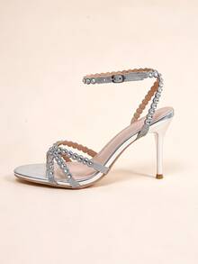 Women's Round Toe Open Toe Stiletto Heel Sandals, Shiny Rhinestone Decor Buckle High Heels, Silver Bridal Wedding Party Sandals - Silver - View 1