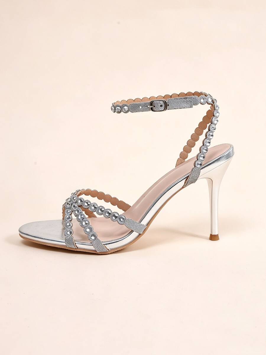 Women's Round Toe Open Toe Stiletto Heel Sandals, Shiny Rhinestone Decor Buckle High Heels, Silver Bridal Wedding Party Sandals - Silver - View 1