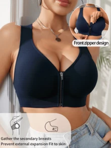1 pc Bra Olahraga Tanpa Kawat Ukuran Besar dengan Ritsleting Depan, Desain Racerback Berlubang, Pakaian Dalam Rib Seamless dengan Penyangga Samping dan Pengangkatan Tinggi, Elastisitas Sedang, Cocok untuk Wanita untuk Harian & Olahraga - Navy Blue - View 2