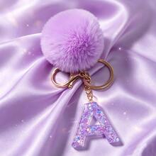 1pc Cute A-Z Letter Sequin Epoxy Keychain With Purple Fur Ball Pendant, Wallet Car Key Chain, Fashion Bag Charm, Gift For Best Friends - Lilac Purple - View 6