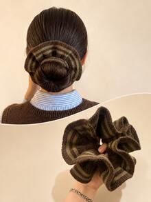 1PC Double-Layer Knitted Striped Scrunchie For Women, Ruffled Yarn Hair Tie, Oversized Ponytail & Bun Hair Ring Hair Accessory - Multicolor - View 2