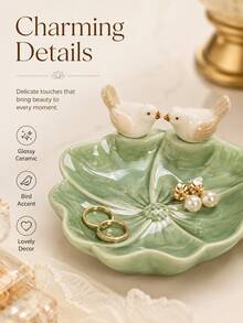 1pc Creative Bird Ceramic Tray, Elegant Lotus Shaped Decorative Dish, Fashionable Multi-Functional Jewelry, Small Accessories, Dessert And Snack Storage Plate, Suitable For Vanity, Coffee Table, Living Room Home Desktop Decor - Multicolor - View 8