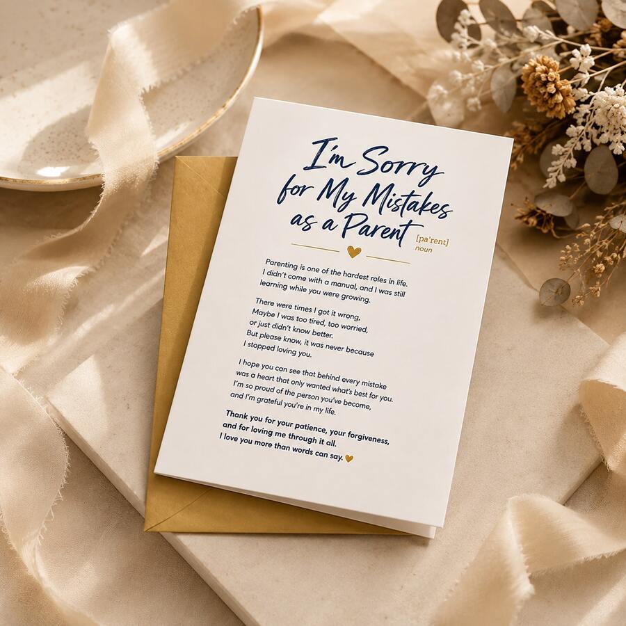 An Apology Card For Your Children, Featuring A Heartfelt Message Of Sincere Remorse To Make Amends For Parenting Shortcomings; Minimalist Gold-Accented Design, Includes An Envelope. - A - View 1