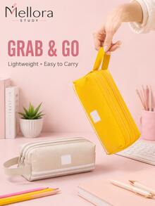 1Pc/6pcs Large Capacity Canvas Pencil Case With Handle, Double Zipper Multi‑Layer Pencil Pouch, Solid Color Portable Stationery Bag For Students Back To School Supplies - Double Zipper - View 6
