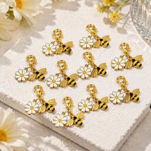 10pcs Alloy Bee & Daisy Bag Charm Keychain Set, Enamel Insect & Flower Pendant, Backpack & Key Decoration, Christmas Gift - White - View 3