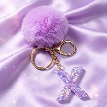 1pc Cute A-Z Letter Sequin Epoxy Keychain With Purple Fur Ball Pendant, Wallet Car Key Chain, Fashion Bag Charm, Gift For Best Friends - Lilac Purple - View 20