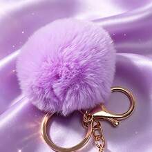 1pc Cute A-Z Letter Sequin Epoxy Keychain With Purple Fur Ball Pendant, Wallet Car Key Chain, Fashion Bag Charm, Gift For Best Friends - Lilac Purple - View 5