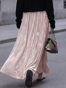 Women's Pink Velvet Mid-Length Skirt, Elegant Polyester Non-Stretch Formal Evening Gown, Suitable For Special Occasions - Pink - View 3