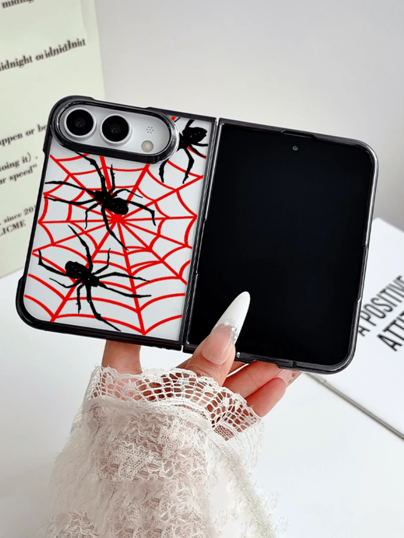 1pc Fashion Cute Simple Plated PC Material Spider Spider Web Element Folding Phone Case, Can Protect And Prevent Falling: SamsungGalaxy Z Fold 8/IPhoneDuo - Clear - View 1