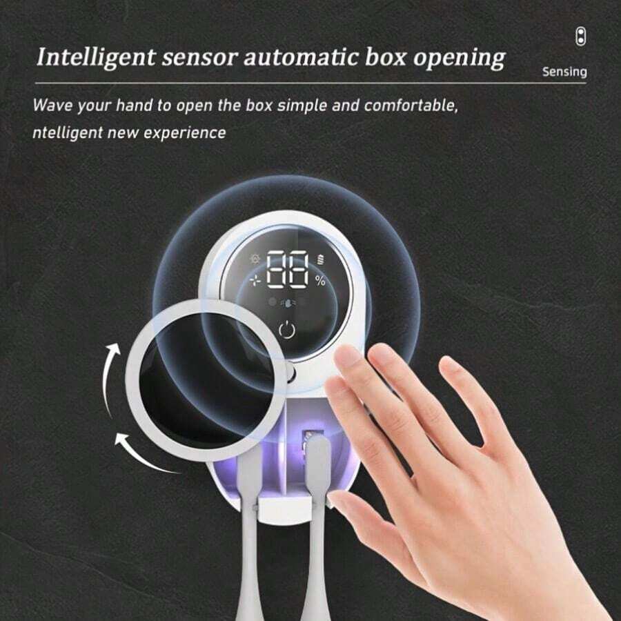 1 Set Smart UV Toothbrush Sterilizer,USB Wall-Mounted Automatic Dust-Proof Cover With Digital Display,Toothbrush Sterilization Device,Auto-Sensing Toothbrush Storage Rack,With 2 Brush Head Slots,Bathroom Accessories,Home Decor,School Essentials