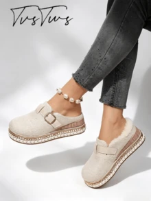 Women's Autumn/Winter New Woven Metal Buckle Thermal Lined Thick Sole Mule Slippers, Rope Trim Rivet Round Toe Closed Toe Half-Slip, Bohemian Warm Outdoor Thermal Slippers - Apricot - View 3