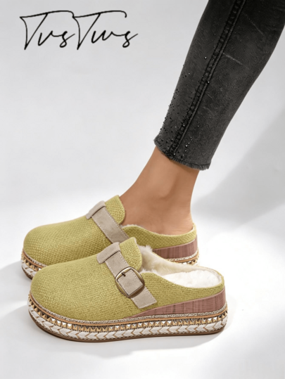 Women's Autumn/Winter New Woven Metal Buckle Thermal Lined Thick Sole Mule Slippers, Rope Trim Rivet Round Toe Closed Toe Slippers, Bohemian Warm Outdoor Thermal Slippers
