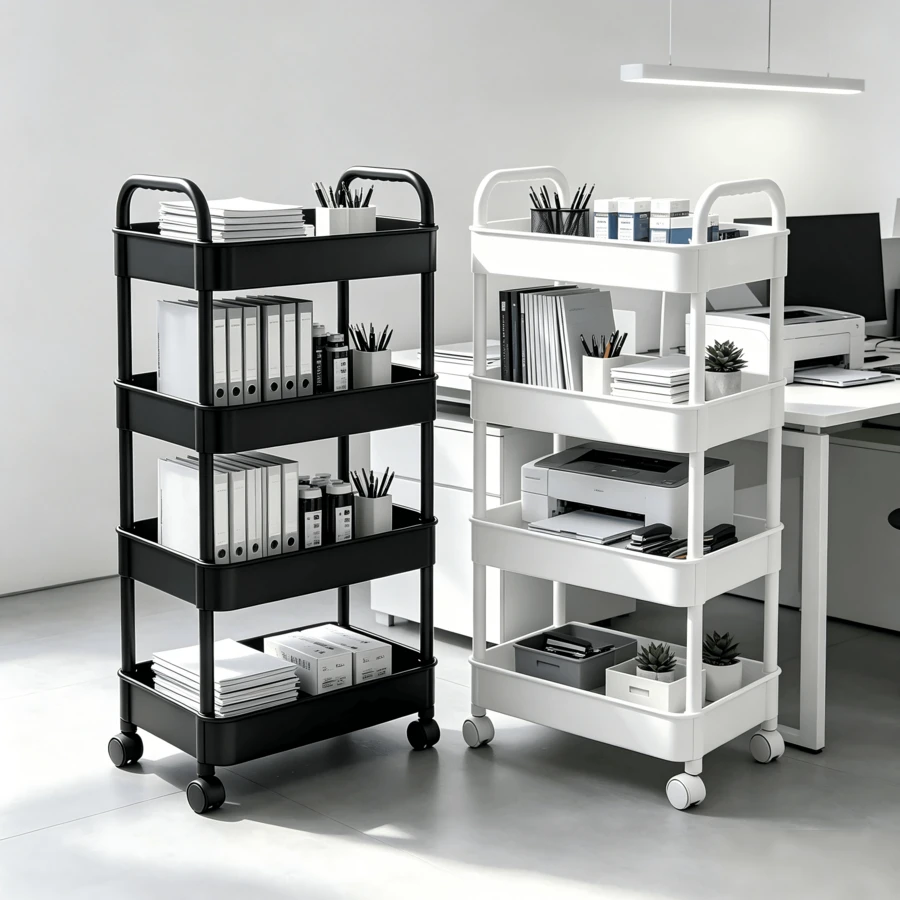 4-Tier Rolling Storage Cart With Handle, Mobile Multi-Function Organizer Rack, Breathable Hollow Design, Waterproof And Easy To Clean, Space-Saving Storage Trolley For Bathroom, Kitchen, Living Room, Garage, Office - Multiple Styles - View 1