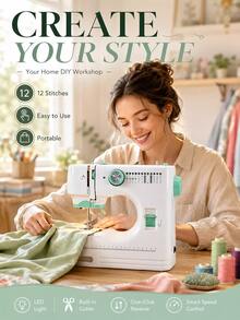 SMEGGEMS High-End Household Electric Sewing Machine, Green, Double-Needle Double-Thread, Automatic Winding 12-Stitch Edge Locking, Metal Tip, Adjustable Speed, One-Button Reverse Sewing, With Lighting, Suitable For Family Use, Handmade DIY, Holiday Gifts - Mint Green - View 3