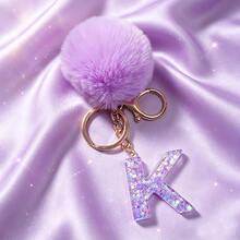 1pc Cute A-Z Letter Sequin Epoxy Keychain With Purple Fur Ball Pendant, Wallet Car Key Chain, Fashion Bag Charm, Gift For Best Friends - Lilac Purple - View 21