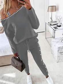 Women's Fashion Minimalist Casual Long Sleeve Top & Pants 2 Pieces Set - Grey - View 1