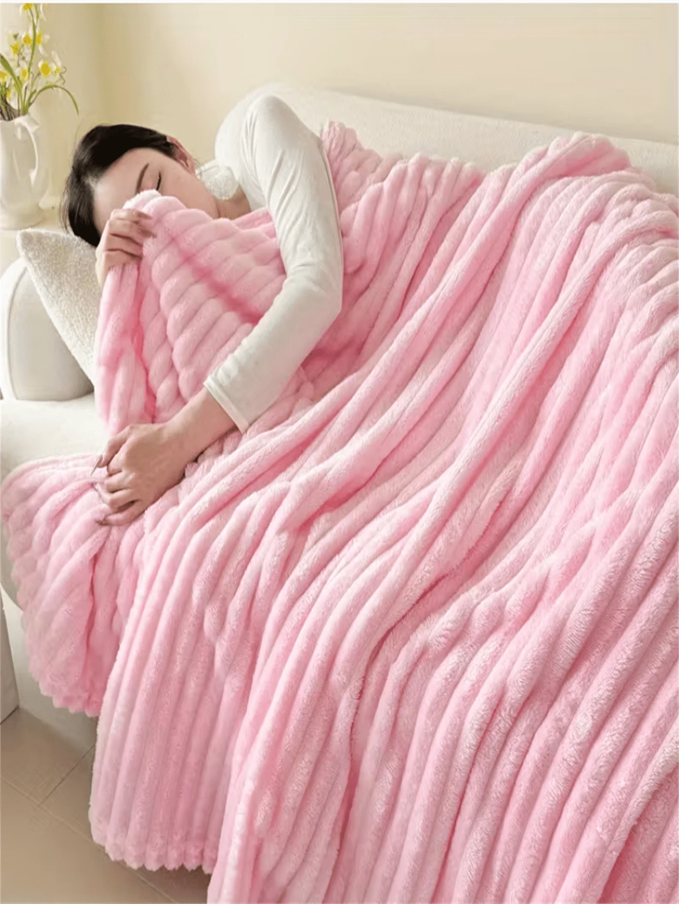Doppelseitige Plüsch-Winterdecke - Ultra weich und warm für Bett, Sofa und Nickerchen, dick und bequem, weißer Vintage-Stil Heimdekoration, süße Decke, Bettwärmer, Raumdekoration Wärme, hochwertige Textildecke - Pink - Übersicht 1