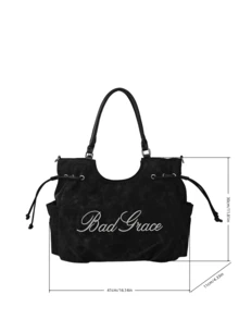 New Women's Matte Embroidered Letter PU Tote Bag, Drawstring Shoulder Large Capacity Commuter Underarm Bag, Casual Daily Work Versatile Handbag Crossbody Bag - Black - View 2