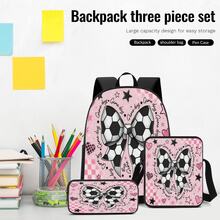 Pink & White Football Bow 2D Print 3 Pieces Backpack Set, Large Capacity Backpack With Crossbody Bag And Pencil Case, Side Elastic Mesh Pocket For Water Bottle, Wide Breathable Adjustable Shoulder Straps, Sweet & Cool Sporty Style For Daily Commute, Travel And Casual Storage - Printed Bag - View 7