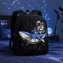 Boys' Astronaut Riding Space Shark Print 3 PiecesBackpack Set, Includes Matching Lunch Bag And Pencil Case, Black Zipper Design, With Adjustable Shoulder Straps, Top Handle And Side Mesh Pockets, Suitable For School, Travel And Daily Use - ASTRONAUT-8 - View 4