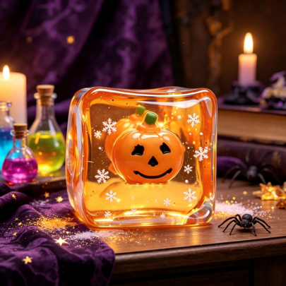 1pc Halloween Pumpkin Glitter Cube Stress Relief Squeeze Toy, Boxed Individually Packaged, Transparent Glitter Interior, Soft Press And Bounce Back, Strong Stress Relief Experience. Comes With Halloween Themed Color Box Packaging, Full Atmosphere When Unboxing, Can Be Used As Desktop Decoration While Playing. As A Practical Birthday Party Supply Gift, Also Suitable For New Year Gifts, Halloween Gifts, Exquisitely Packaged And Suitable For Direct Gifting