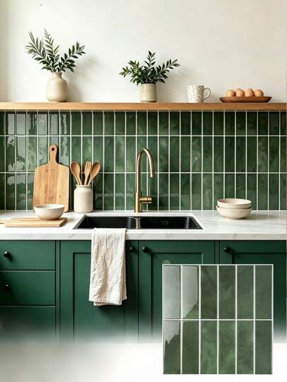 Self-Adhesive Backsplash Tile Stickers, Dark Green Marble Subway Tile Wall Decals, Glossy Waterproof Oil-Resistant Removable Mosaic Tile Stickers, 2D Textured Decorative Wall Stickers For Kitchen, Bathroom, RV, Laundry Room Wall Decor