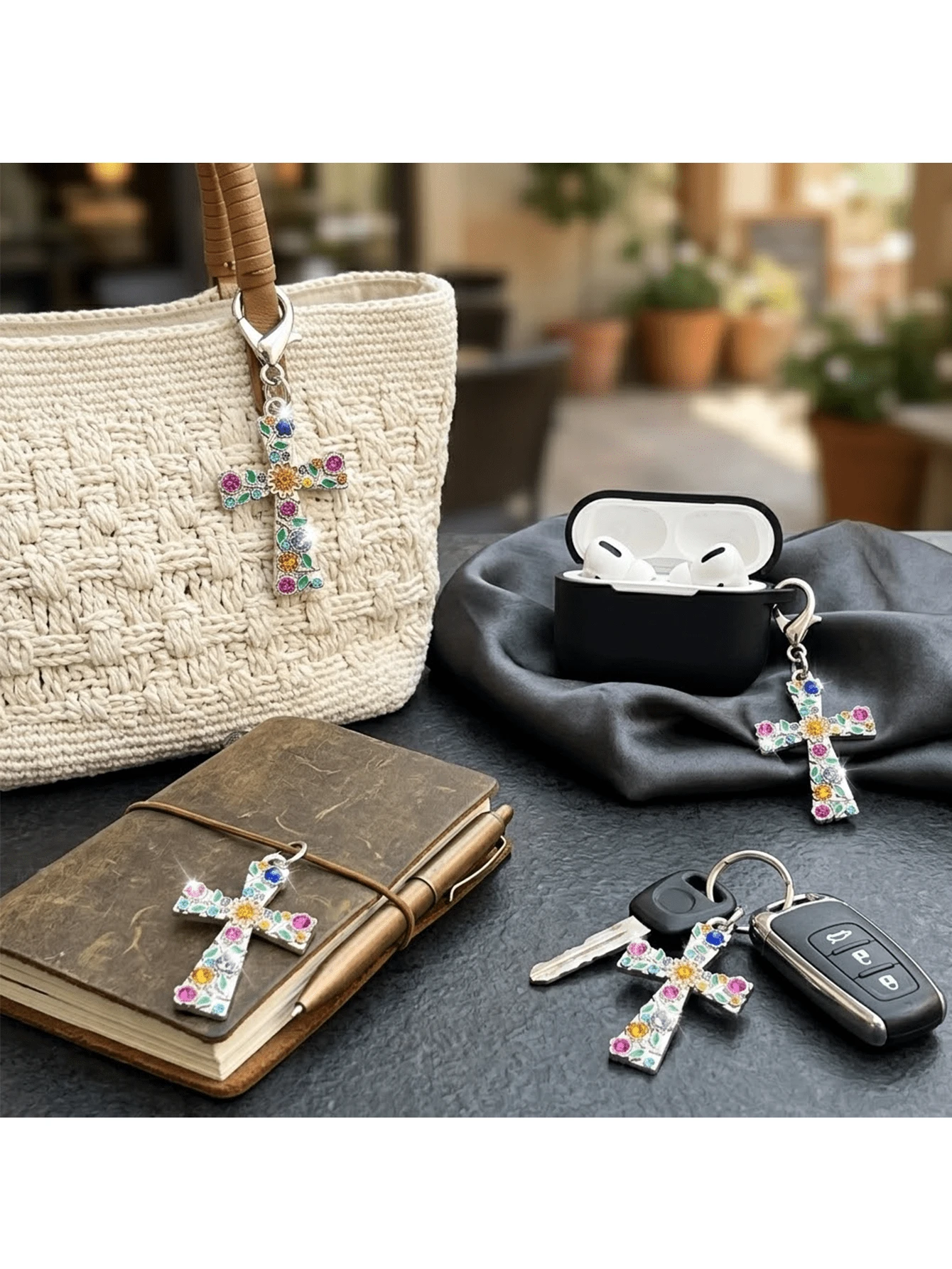 3pcs Luxury Floral Rhinestone Cross Keychain Pendant, Women's Bag, Car Key Charm, Valentine's Day, Christmas Gift Accessories. - A - View 1